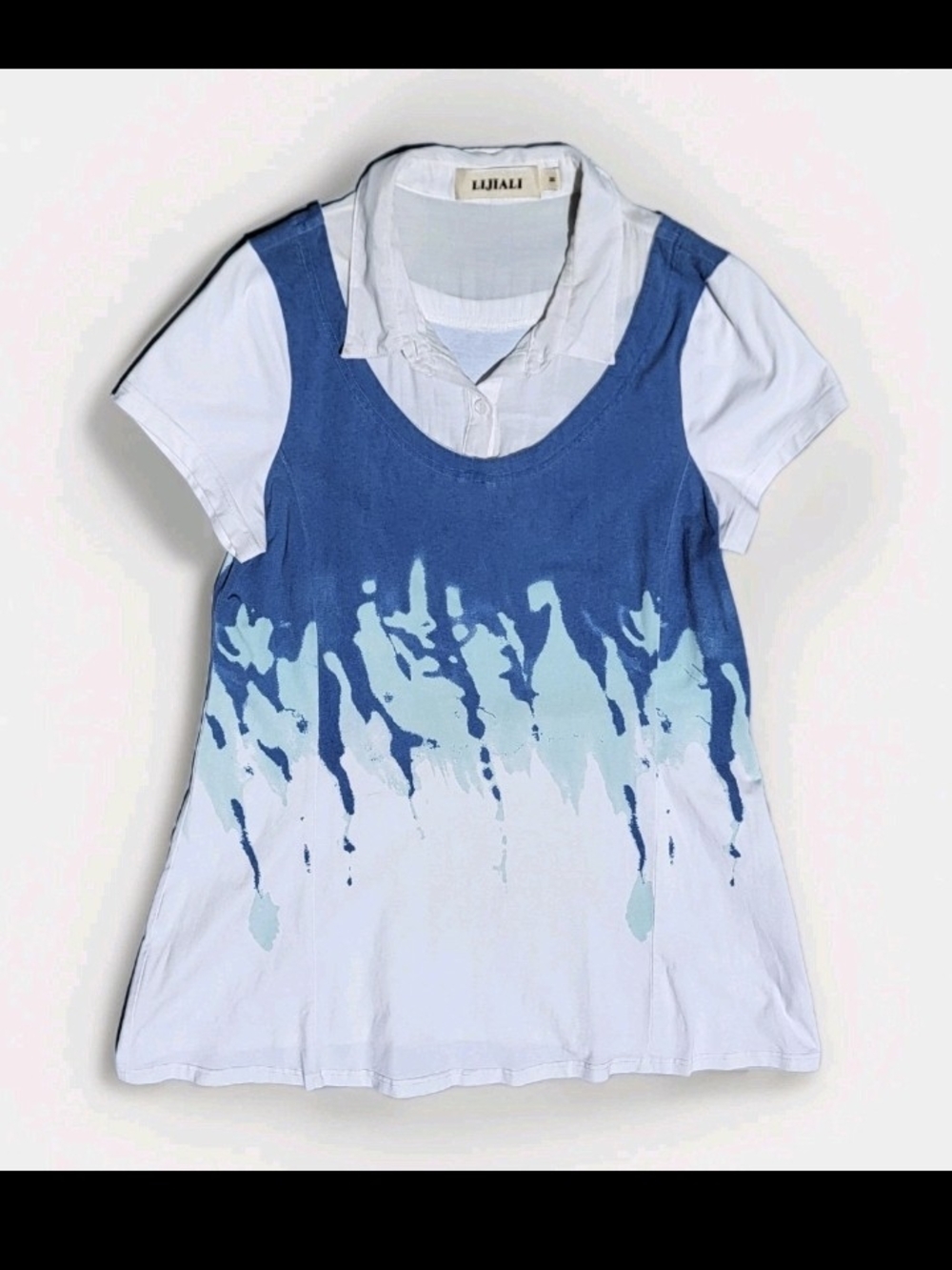 LIJIALI Top or Dress Blue & White Size Medium Colorblock Collared Short Sleeve